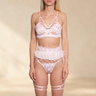 SECRET PLEASURE Cameron Set in Rosa mit Spitzen-BH, Strapsgürtel mit Federn und passendem String