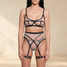 SECRET PLEASURE Dana Set in Schwarz und Beige mit Riemen-Optik, transparentem Stoff und verstellbaren Strumpfhaltern