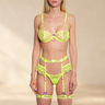 SECRET PLEASURE Joy Set in Leuchtgelb mit transparentem Spitzen-BH, String und Strumpfhalter mit lila Schleifen